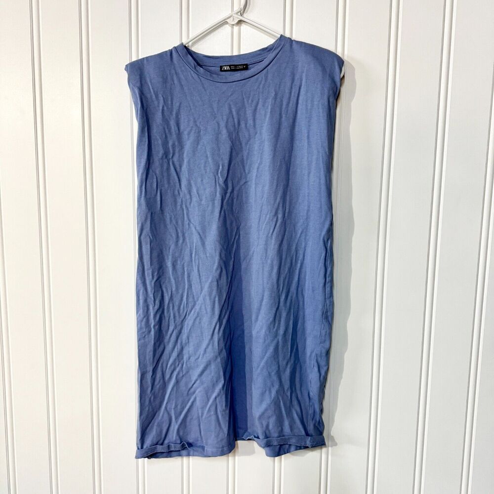 Zara‎ Padded Shoulder Crewneck Cotton Blue Tunic Dress Size Medium
